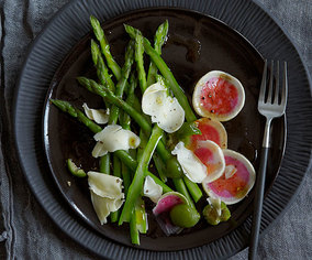 Shaved Watermelon Radish and Asparagus Salad with Castelvetrano Olives and Gouda