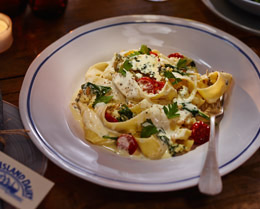 Blue Cheese Pappardelle with Spinach and Slow-roasted Tomatoes