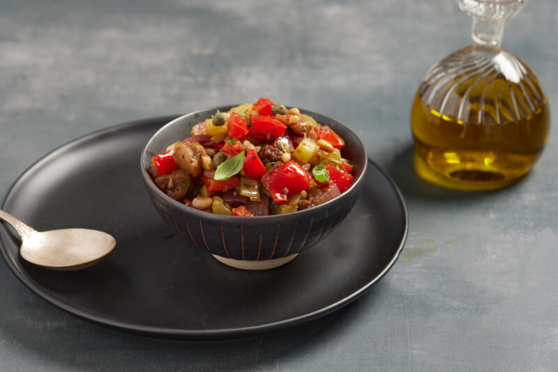 Home 18 Sicilian caponata with eggplant, peppers, capers, olives and pine nuts